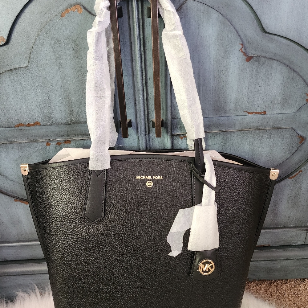 New Michael kors black leather tote bag handbag retail store tags jane